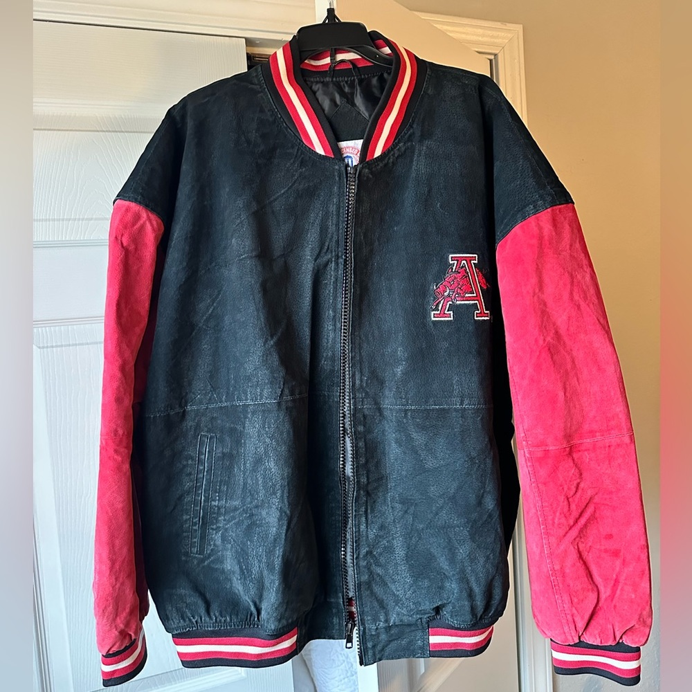 Vintage 100% leather distressed style suede ARKANSAS razorback official jacket